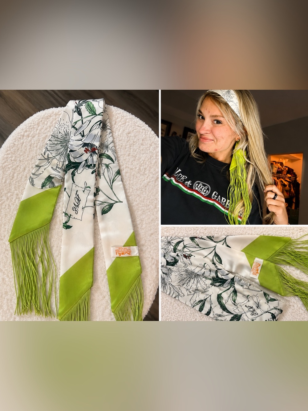 Unlisted White and Lime Green Floral Silk Scarf Tie with Fringe